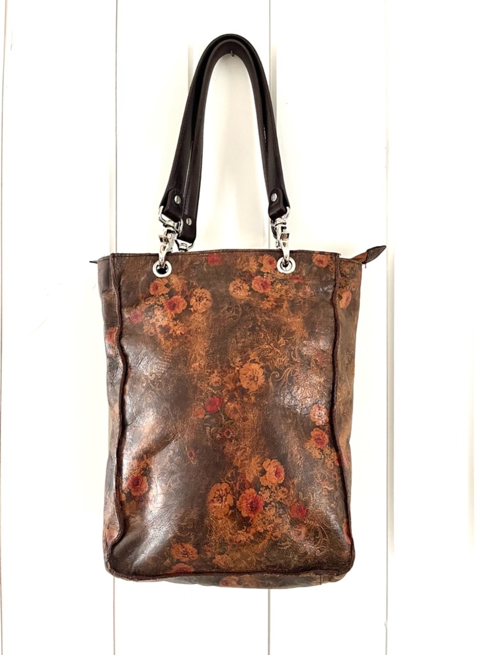 Skin Vintage Brown Leather Floral Tote